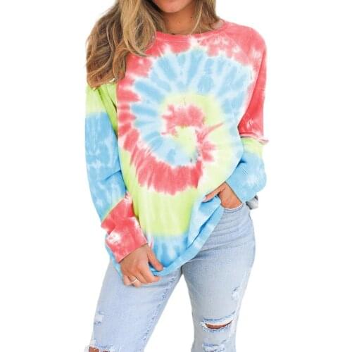 Women tie-dye print o-neck loose t-shirts autumn casual new fashion long sleeved tees basic tops for ladies clothes