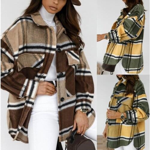Ladies Coat Casual Fashion Loose Plaid Shirt Chic Checked Blouse Long Sleeve Female Casual Print Loose Cotton Tops Blusas