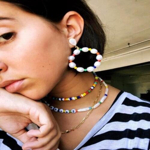 Colourful seed beads jewelry natural freshwater pearl earring boucle d'oreille femme 2020 halka kupe gold color hoop earring