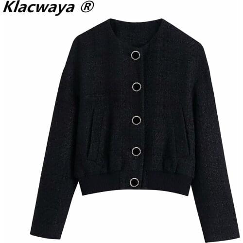 Klacwaya 2021 Women Fashion Single Breasted Design Short Tweed Jacket Vintage Long Sleeve Casual FemaleOuterwear Chic Tops