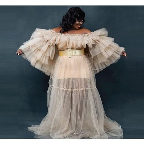 2020 Women Puffy Sleeve Tulle Dresses Strapless Long Sleeve Sheer Tulle Dress Plus Size With Waist Band Women Maxi Wear