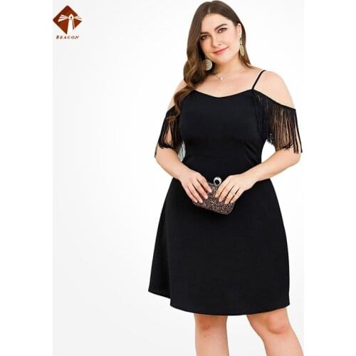 A-Line Sexy Women Fashion V-neck Evening Party Dress Black Off Shoulder Spaghetti Strap Plus Size Dress Tassel 2021 Summer New