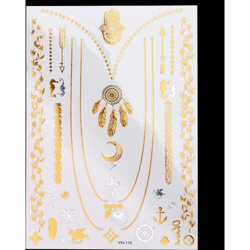 1 Sheet Body Art Decal Flash Tattoo Metallic Gold Silver Temporary YH-110 Chic Henna Moon Feather Necklace Picture Tatoo Sticker