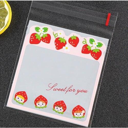 100PCS Strawberry Cookie Packaging Bags Supplies Printed Plastic Self Seal Bags Biscuit Bags 10*10cm Wedding gift bag