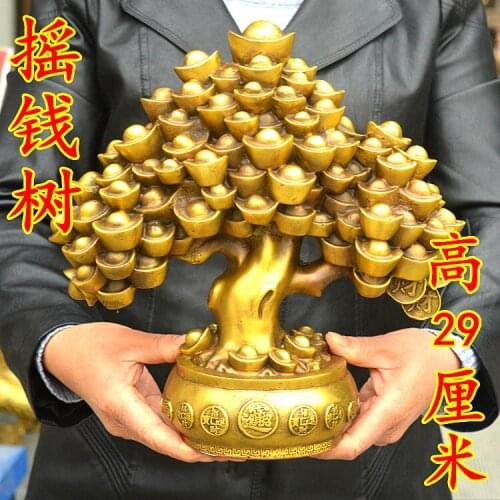 29CM Large -gift HOME lobby office Shop Company FENG SHUI Money Drawing Talisman Good luck Gold ingot Money tree brass statue