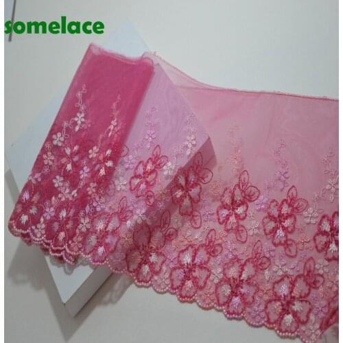 2Yds 19cm Wide Light Red Gauze Red Thread Floral Embroidery Lace Trim For Garments And Wedding Decoration