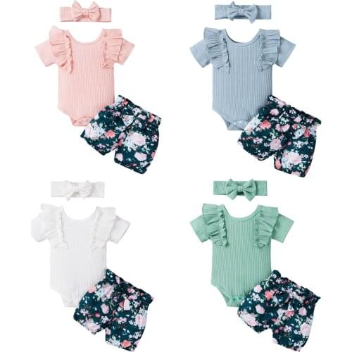 3Pcs Fashion New Toddler Summer Suit Solid Color Ribbed Bodysuit Tops+Elastic Waist Shorts Headband Outfits for Girls Babys