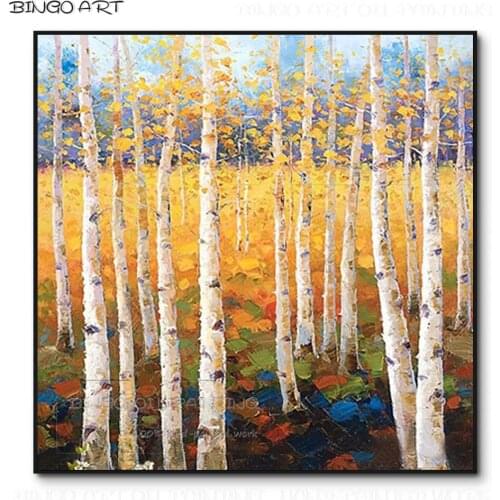 Free Shipping Hand-painted High Quality Beauty Landscape Birch Tree Oil Painting Beauty Art Landscape Birch Forest Oil Painting