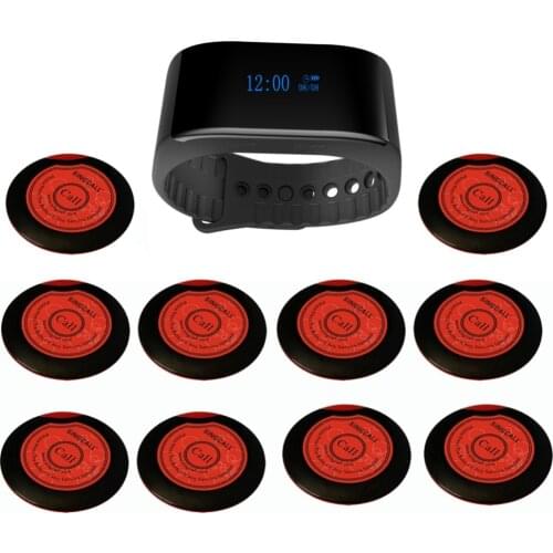 SINGCALL Wireless Alarm Paging System for Bank Restaurant Thin One-Button Pager,10 Pagers and 1pc Watch Receiver APE6900