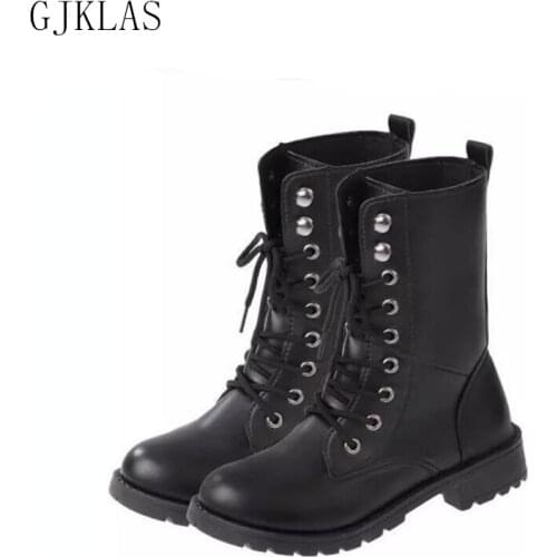 Black Leather Boots Women Shoes Size 42 Platform Boots Femme New Cheap Lace Up Buckle Boots Platfrom Shoes Bota Punk Feminina