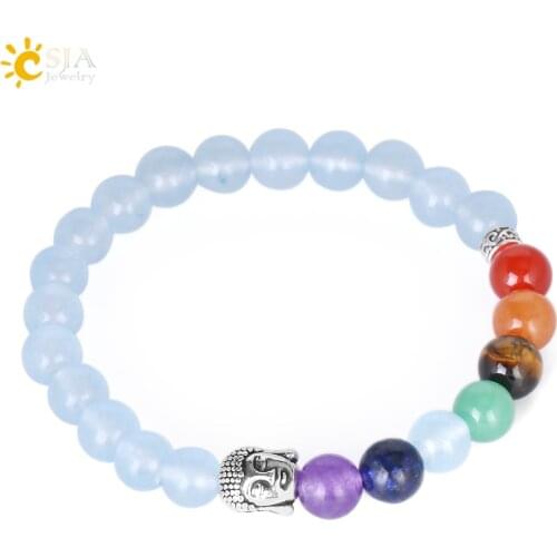 CSJA Natural Gem Stone 7 Chakra Yoga Blue Buddha Bracelets for Women Men Meditation Reiki Healing Power Mala Bead Tiger Eye E694