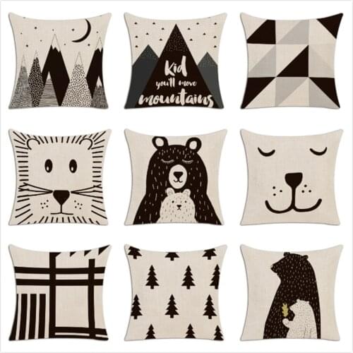 Children Simple Cushion Cover Hand Painted Cartoon Animals Pillow Case Nordic Style Forest Bear Bookcase Mountain Pillow Cover