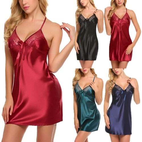 Hot Sale Womens Sexy Bikini Strap Silk Lace Robe Dress V Neck Babydoll Nightdress Nightgown Fashion Sleepwear Womens Underwear