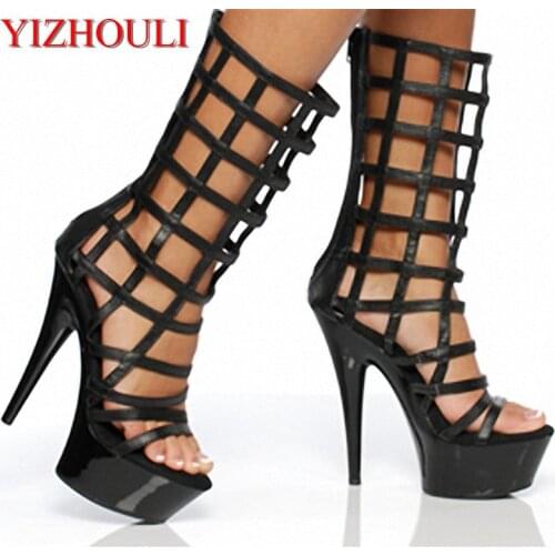 15cm short boots, high heels boots, shoes for the night stage of the shoes, and cool with hollow grid Dance Shoes