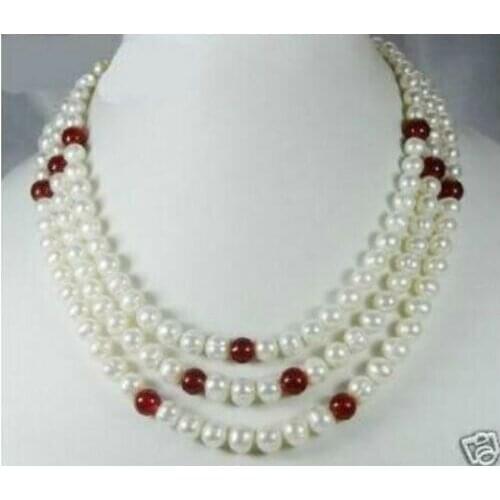 Beautiful 3 Row 7-8mm White Freshwater Pearl & Red Jade Necklace AA