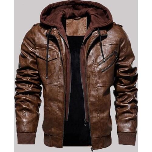 Casual Motorcycle PU Jacket Mens Winter Autumn Fashion Leather Jackets Male Slim Removable Hooded Warm Outwear Fleece Clothing