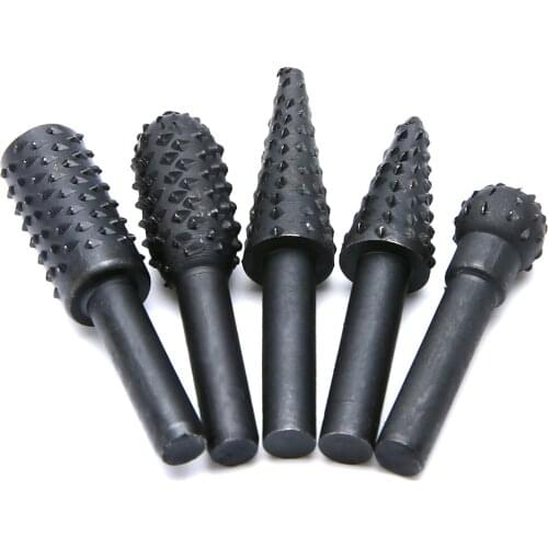 Mayitr 5pcs 1/4'' 6mm Shank Steel Rotary Burr Set Wood Rasp Drill Bits Cutter Files Set For DIY Hand Tool Black