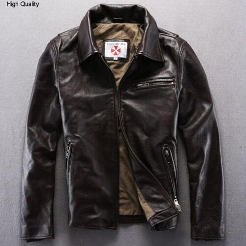Dark brown genuine turn down collar real cowskin solid wind jacket male casual zipper leather coat men