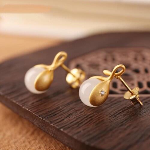 Natural Jade S925 Sterling Silver Hetian Jade Inlaid Jue Suet Womens mm round Beads Pea Pod Stud Earrings Artistic Earrings