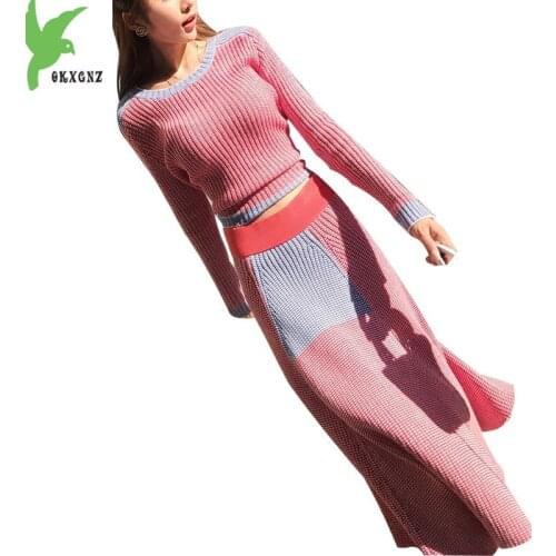 New Women autumn winter knit sweater two-piece suit Thick pullover sweater + Elastic waist Big swing long skirt Sets OKXGNZ 1335