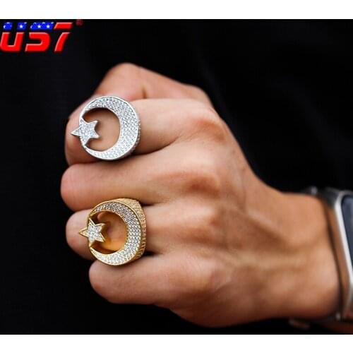 US7 New Arrival Stars and Moon Rings For Men Women Bling Iced Out Copper Zircon Ring Gold Silver Color Hip Hop Jewelry Gifts