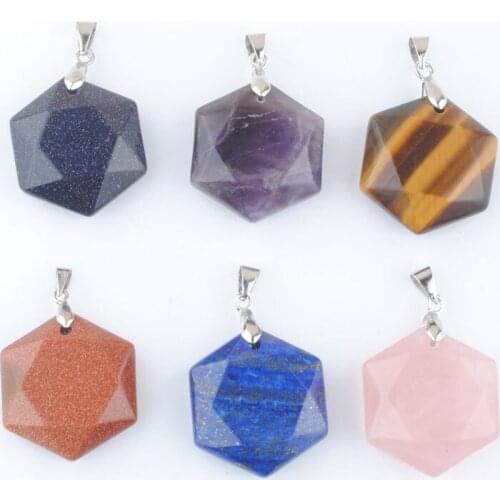 Wholesale 5Pcs Faceted Polygon Shape Stone Pendants Lapis Lazuli Rose Quartzs Natural Charms For Necklace Jewelry Making QBN466