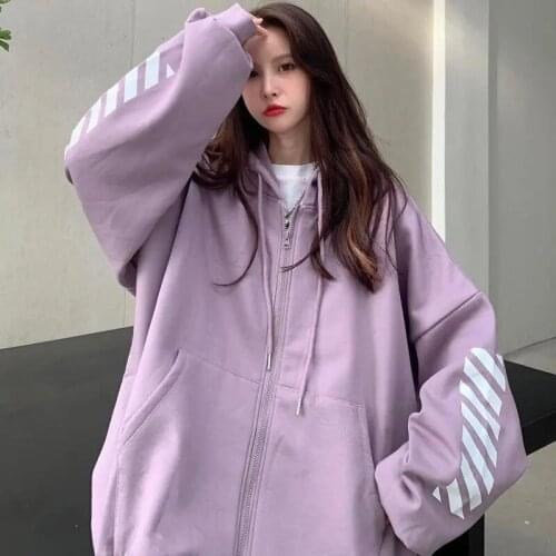 Autumn Print Hoodie Women Loose Casual Elegant Baseball Jacket Long Sleeves Lady Purple Outwear Korean Fashion Clothes New 2021