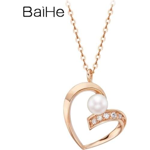 BAIHE Solid 18K White/Yellow/Rose Gold 3.5~4mm Freshwater pearl 0.03ct Diamonds Trendy Fine Jewelry Heart Necklace Women Wedding
