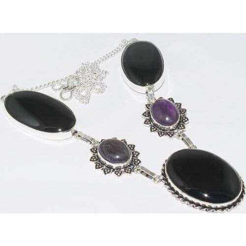 Black Onyx & Amethysts Necklace Silver Overlay over Copper , 41.7 cm, N2148