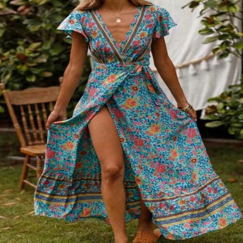 Spring Hot Sales Polyester Short Sleeves Women Dress V-Neck Printing Lace-Up Tall Waist Casual Dress