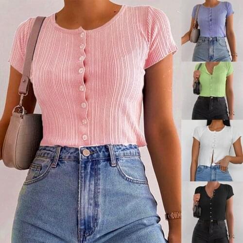 Casual O Neck Ribbed T Shirt Women Short Sleeve Tops Solid Color T Shirt Short Cardigans Tops Summer Women