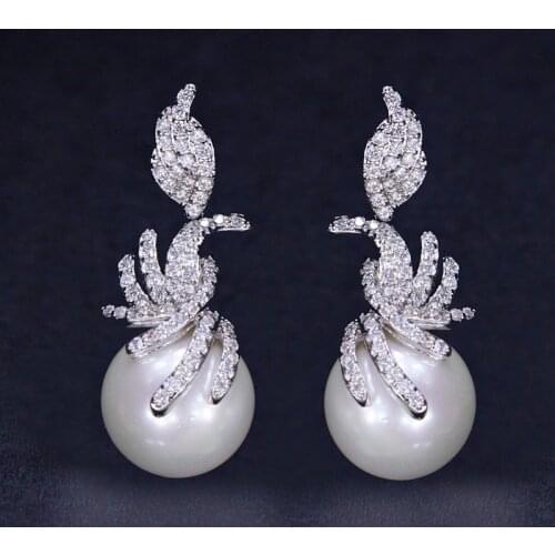 QTT Ladies 925 Sterling Silver Big White Pearl Long Earrings Vintage Zircon Dangle Earrings for Women Wedding Bridal Jewelry