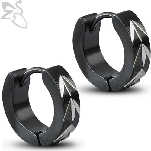 Hoop Earrings Stainless Steel Piercing Hoops Black Cut Logo MenS Earring Hip Hop Earlobe Earring Black Plating 4*9mm 2 Pairs