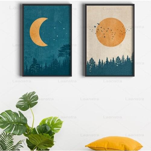 Sun Moon Forest Canvas Painting Stars Twilight Homecoming Bird Poster Wall Picture Illustration Study Room Decor Printmaking