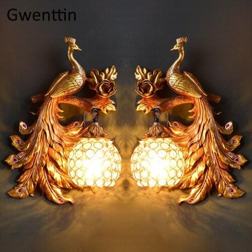 Vintage Gold Peacock Wall Lamp European Crystal Sconce Wall Lights for Home Art Decor Bedroom Bathroom Living Room Decoration