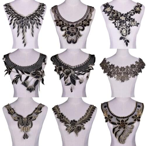 Gold Embroidery Flower Lace Neckline Collar Fabric Sewing Applique DIY Guipure Ribbon Trim Neckline Craft Wedding Decor
