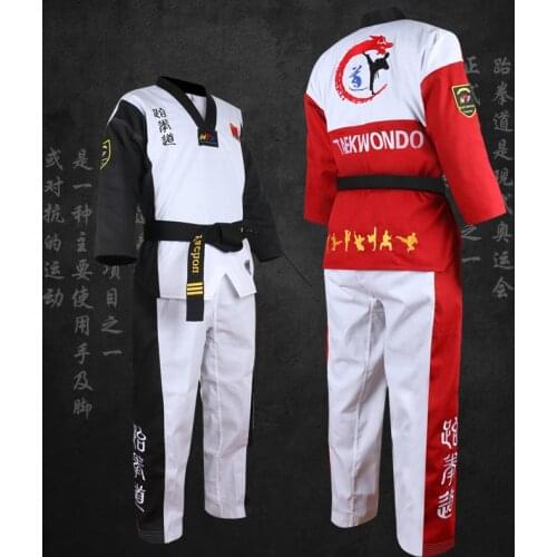 High Quality Black Red Taekwondo Uniform Training Taekwondo Suits Embroidery Uniforms Poomsae dobok WTF approved Size 160-190cm