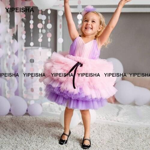 Yipeisha Baby Girl Cupcake Dress Bow Puffy Dresses For Toddlers Party Pink Communion Dress Knee Length Flower Girl Dresses Kids