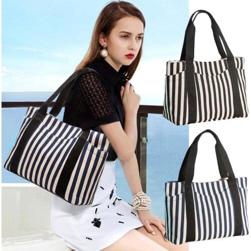 Women Fashion Canvas Stripe Handbags Vintage Tote Bage Simple Designer Shoulder Bag Multifunctional Shopping Working Bag