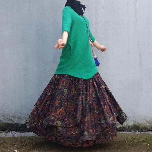 Free Shipping 2020 New Fashion Long Maxi A-line Elastic Waist Women Spring Summer S-2XL High Quality Print Vintage Skirts