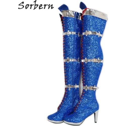 Sorbern Royal Blue Sequins Thigh High Boots Unisex Straps Plus Size 5-15 Custom Thick Legs Womens Lace Up Dress Boot For Shows