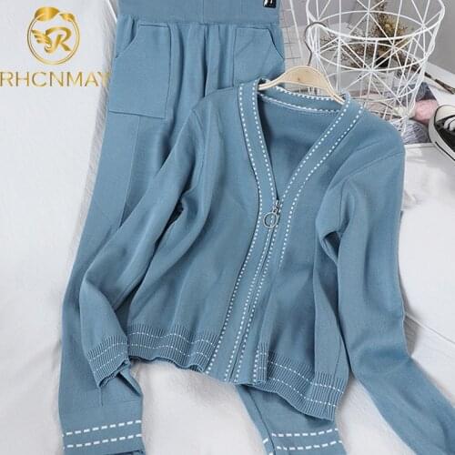 Women Stylish Suit Lady Chic V Neck Zipper Long Sleeve Coats Causl Long Pants Solid Knitting 2 Piece Set Autumn Winter 2020
