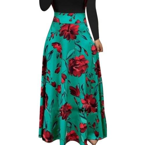 2021 Summer Dresses Satin Flower Dot Print Color Matching Long Sleeve High Waist Women Maxi Dress