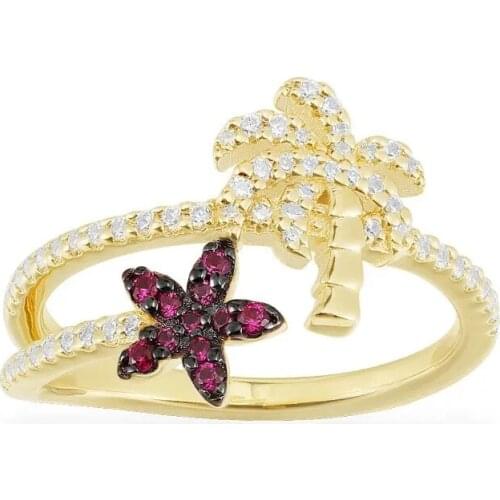 SLJELY Fashion Real 925 Sterling Silver Yellow Gold Color Tropical Jungle Floral Palm Tree Flower Ring Women June Brand Jewelry