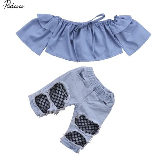 2017 Brand New Toddler Infant Baby Girl Off Shoulder Strap Top Denim Pants Hole Net Jeans 2Pcs Outfits Set Fashion Clothes 6M-4T
