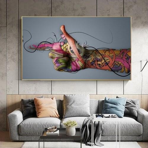 Abstract Colourful Tattoo Hand Gun Gesture Canvas Painting Posters and Print Cuadros Wall Art Picture for Living Room Home Decor