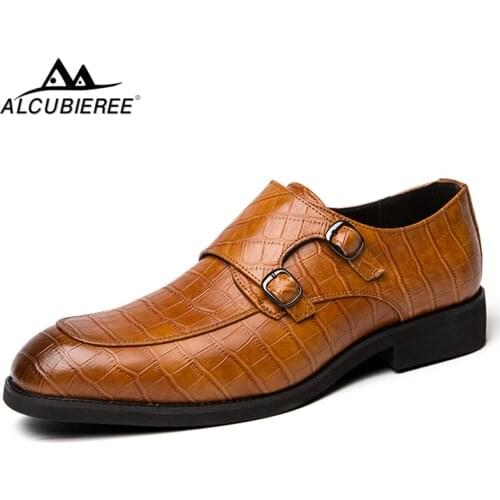 ALCUBIEREE Italian Stylish Men Slip-on Loafers Double Monk Strap Shoes Split Leather Men Crocodile Pattern Formal Dress Shoes
