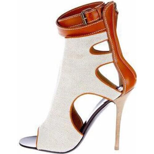 Free email mature fashion models stitching white cloth light coffee color Pu leather, 11 cm high-heeled sandals. Size: 35-43
