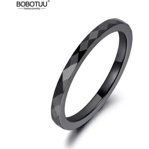 BOBOTUU Trendy 2mm Black & White Cutting Ceramics Rings Jewelry Wedding Engagement Rings For Women Anneaux Anillos BR19051