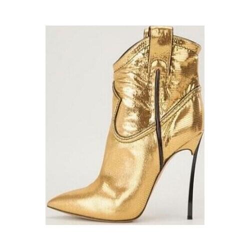 Runway Boots Women Fashion Pointed Toe Gold Silver Leather Metal Spike Heel Ankle Boots 12cm Thin Heel Short Gladiator Boots